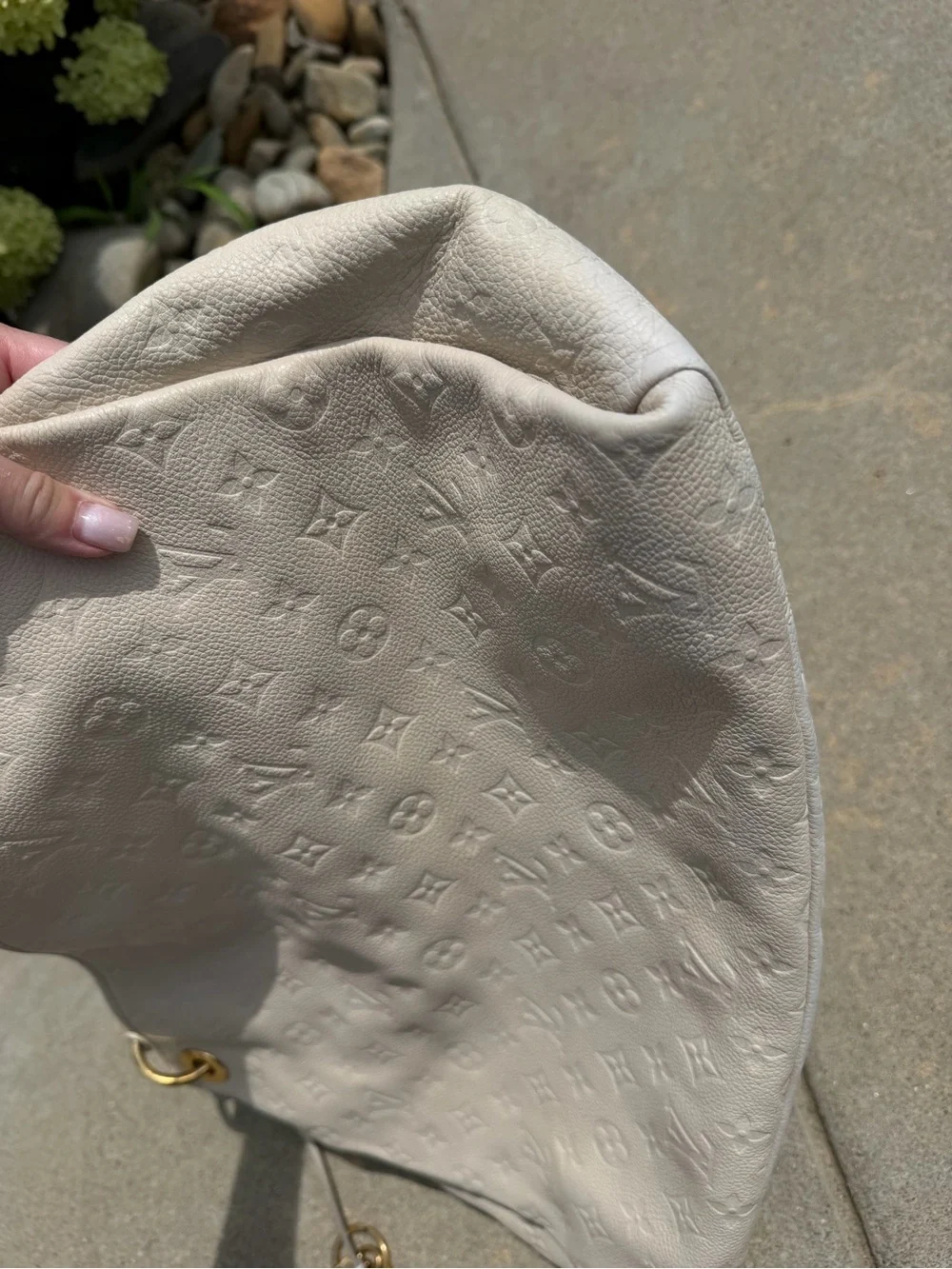 Authentic Louis Vuitton Cream Embossed Leather Hobo with Gold Hardware - Cream